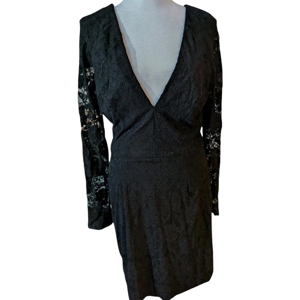 Dress The Population Erica Black Lace L/S Sheath Dress Women M L Plunge Bodycon - Picture 2 of 10